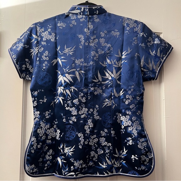 Navy Blue Silk Front Button Floral Print Chinese Short Sleeve Mandarin Collar - Picture 5 of 7